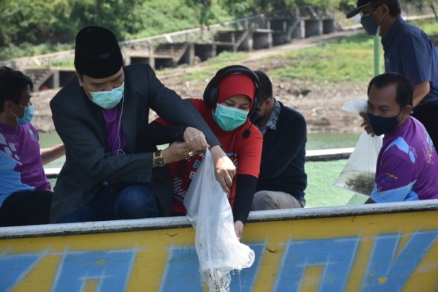 Rektor Undip Menebarkan Benih Ikan di Waduk Jatibarang